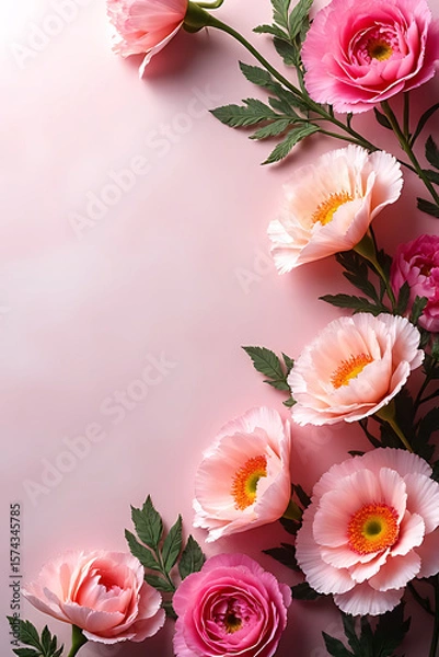 Fototapeta Close-up of blooming carnations in various colors gently layered over a textured background