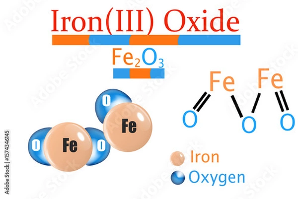 Obraz A 3D illustration of iron(III) oxide (Fe₂O₃), also called ferric oxide. It is a common iron compound found in nature as hematite and is often used as a red pigment.