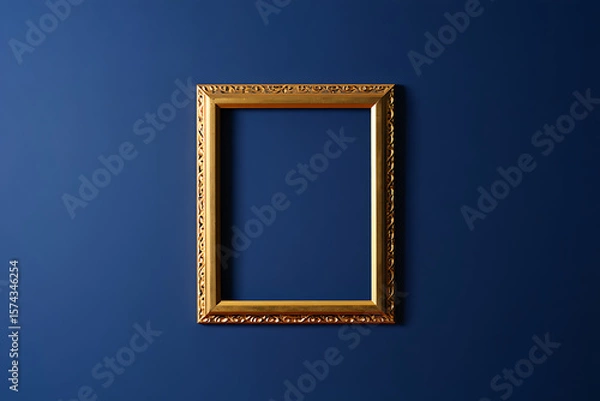 Fototapeta Gold Frame on Dark Blue Wall Empty Picture Frame Art Mockup Template