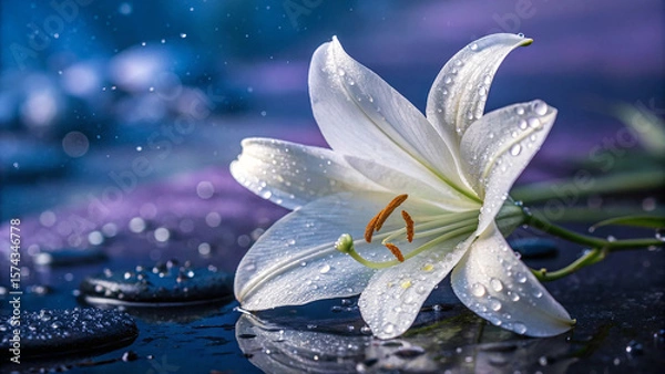 Fototapeta White lily with water droplets on dark wet surface