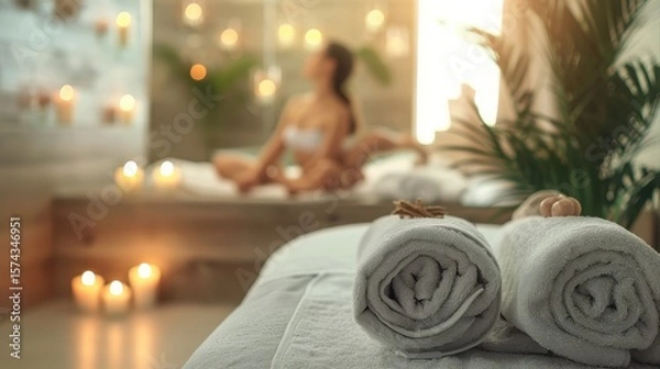 Fototapeta Healthcare time. Closeup on spa composition. in background relaxed female in spa salon laying on massage table.