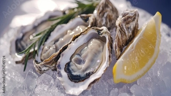 Fototapeta Fresh oysters on ice served with lemon wedges and rosemary, perfect for gourmet seafood lovers