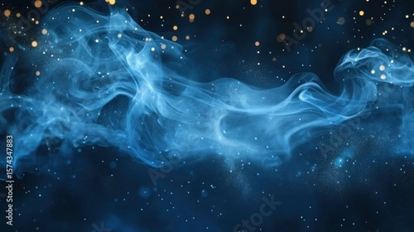 Fototapeta Fantastic smoke background. Magic smoke with glitter and small particles of twinkling stars, fog with luminous particles, blue vapor with stardust. Vector illustration.