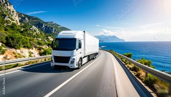 Fototapeta Open Road Transport: A streamlined white truck travels along a coastal road, carrying cargo with the azure sea and lush mountains forming a scenic backdrop