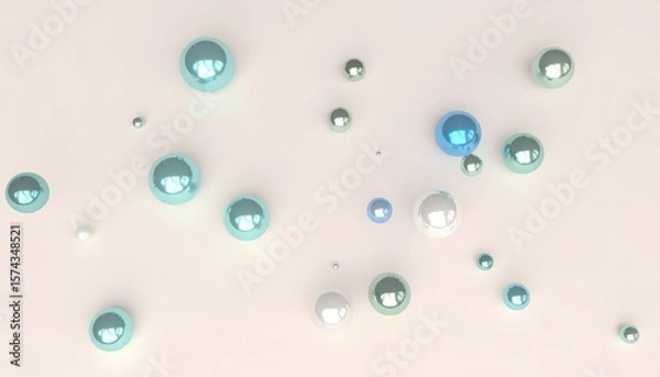 Fototapeta iridescent spheres on smooth reflective surface with pastel hues of blue, pink, and purple in soft minimalistic setting
