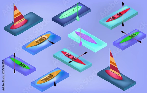 Obraz Isometric sporting boats, canoes, sailing, surfboard, with their oars,