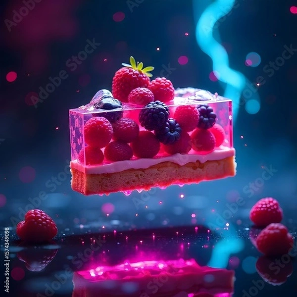 Fototapeta Digital toast with neon lights floating sparks high resolution picture
