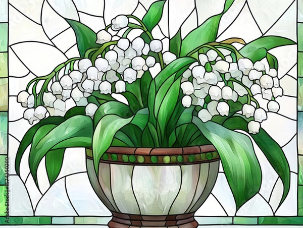 Fototapeta Stained glass artwork features vibrant depiction of potted lily of valley plant, showcasing delicate white flowers and lush green leaves. background consists of abstract geometric patterns