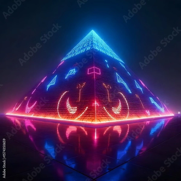 Fototapeta Sci-fi style pyramid with neon lights high resolution picture