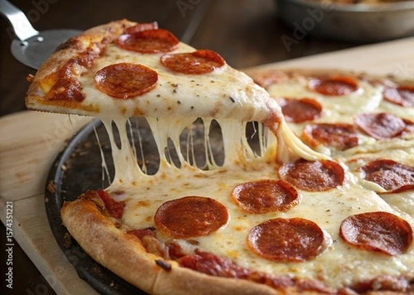 Fototapeta Delicious pepperoni pizza slice being lifted with gooey cheese pull close up view