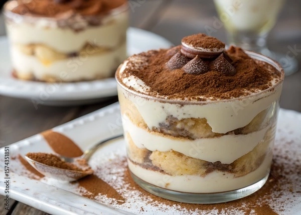 Fototapeta Delicious tiramisu dessert recipe in glass cup with cocoa powder topping view