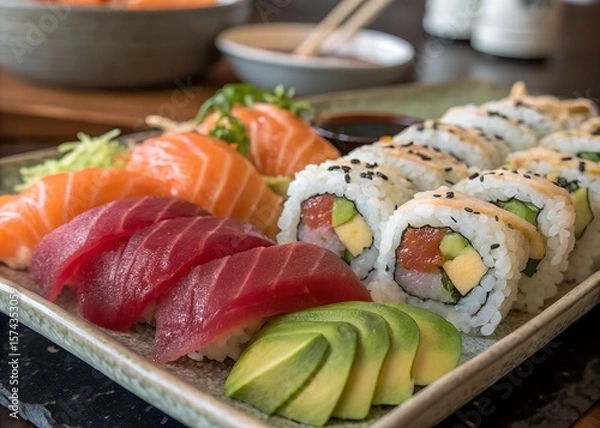 Fototapeta Assorted sushi platter with salmon tuna and avocado rolls japanese cuisine