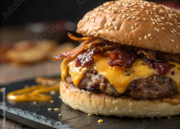 Fototapeta Delicious bacon cheeseburger photo for food blog and restaurant menu design use