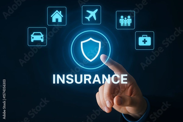 Fototapeta Futuristic insurance protection icon selected by finger in virtual interface surrounded by glowing symbols for home car health and travel security coverage concept