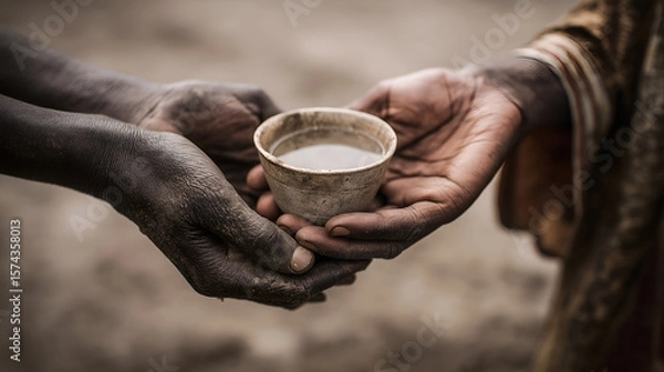 Fototapeta Offering a Lifeline: A compassionate act of charity unfolds as a pair of hands, one extending a humble vessel of water to another, embodying the essence of empathy and human connection.