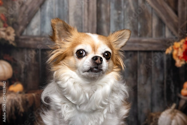 Fototapeta Close-Up of Long-Haired Chihuahua in Rustic Barn Setting