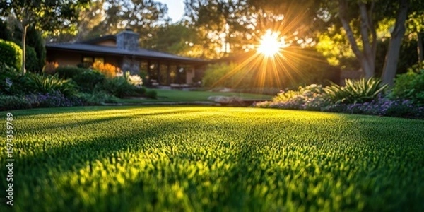 Fototapeta A sunlit garden lawn with lush green grass, surrounded by trees and plants, and a house in the background during golden hour.