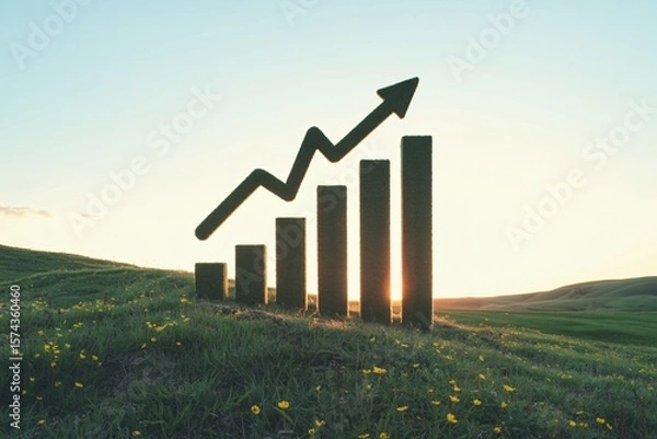 Fototapeta Sustainable growth chart made of grass in green field at sunrise light.