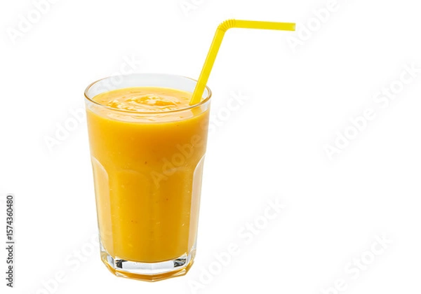 Fototapeta Orange smoothie in a tall glass with a yellow straw on a black background