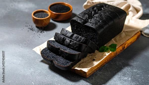 Fototapeta Dark activated charcoal loaf sliced showing soft gluten-free crumb
