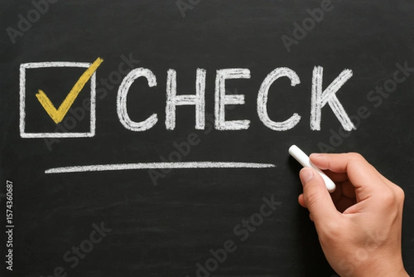 Obraz 黒板にチェックマークと文字を書く手元のビジネスコンセプト