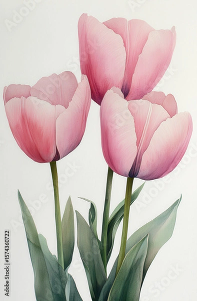 Fototapeta Pink tulips with delicate petals and green leaves create serene and elegant floral composition. soft colors and graceful shapes evoke sense of tranquility and beauty