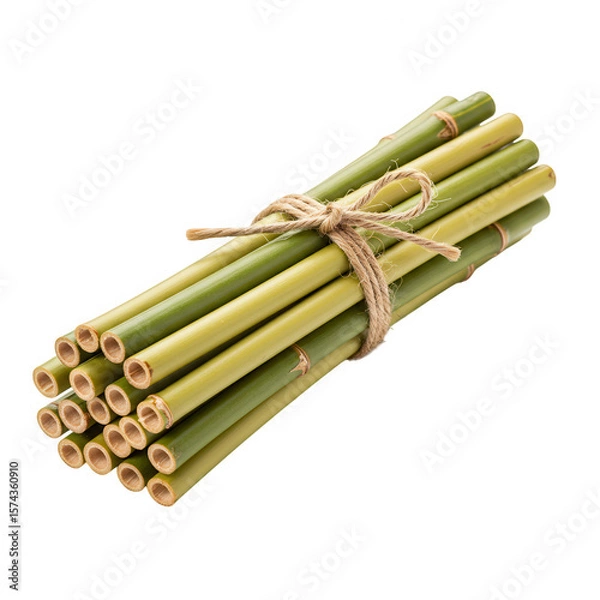 Fototapeta A bundle of natural green bamboo drinking straws tied with twine isolated on transparent background