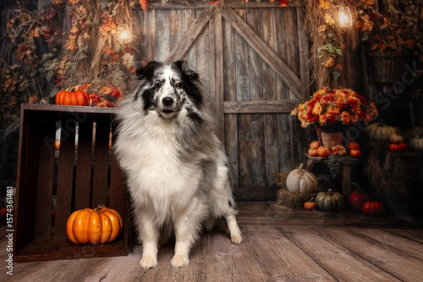 Fototapeta Long-Haired Dog in Autumn Barn Setting with Pumpkins