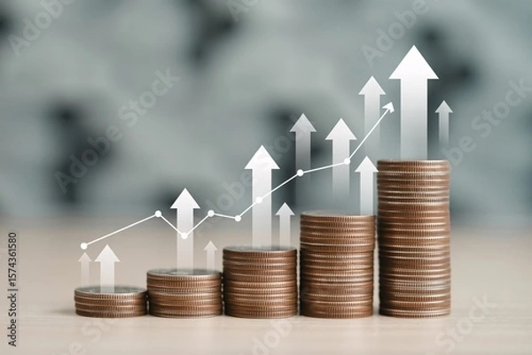 Fototapeta coin stacks with upward arrows and growth chart, finance, savings, and profit rise.