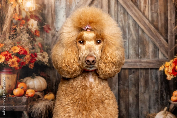 Fototapeta Elegant Poodle Posing in Rustic Autumn Setting