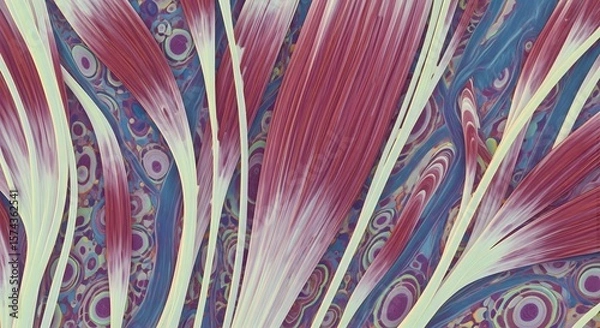 Obraz Abstract depiction featuring elongated red and white shapes on a patterned background design art