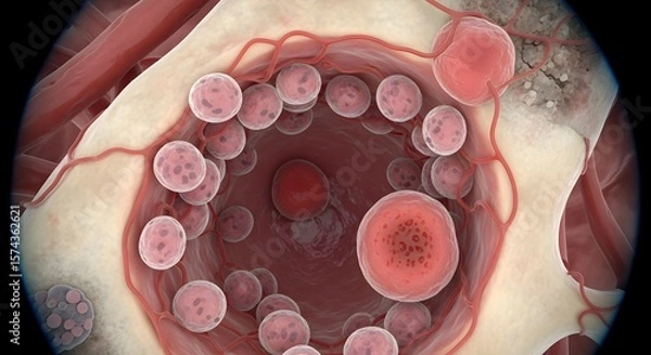 Obraz Microscopic view of blood cells flowing through a vessel surrounded by tissue and capillaries