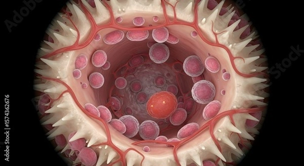 Obraz A microscopic view inside a body cavity with cells and blood vessels surrounding the inner space