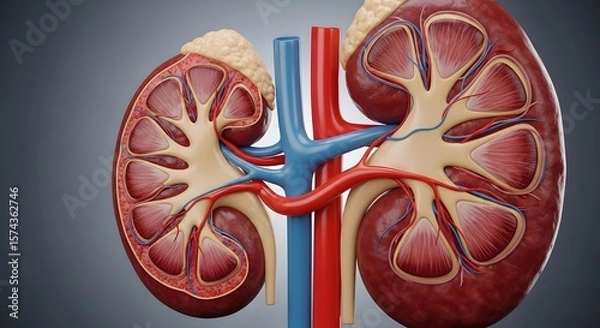 Obraz Cross section of two kidneys with blood vessels and internal structures on a gray background