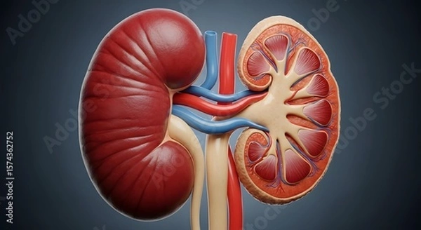 Obraz A detailed anatomical illustration of a kidney with its internal structure and blood vessels shown clearly