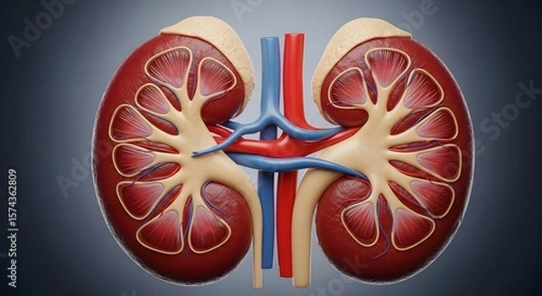 Obraz A detailed cross section of two kidneys with visible internal structures and blood vessels shown