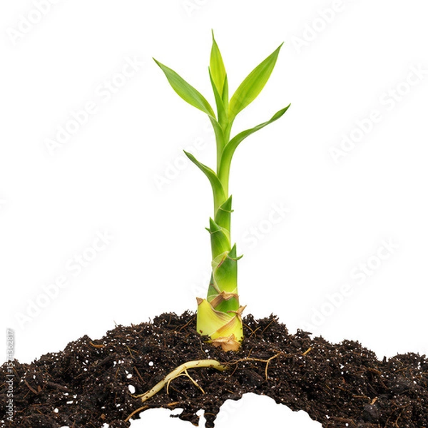 Fototapeta A young green bamboo shoot with visible roots emerging from dark soil isolated on transparent background