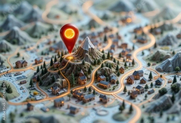 Fototapeta Pequeño mapa de la ciudad con un diseño intrincado, con caminos sinuosos y brillantes y un pin de neón que resalta un mirador de montaña