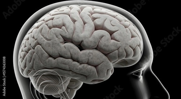 Obraz A detailed illustration of a human brain inside a head against a black background anatomy study view