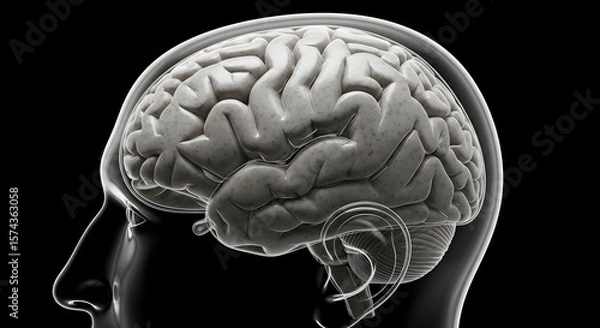 Obraz Side view of a transparent human head with a visible brain on a black background in a digital render