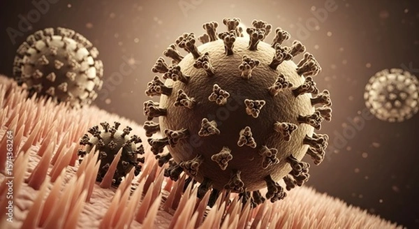 Obraz Close up view of several coronavirus particles on a surface with a dark background and soft lighting