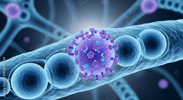 Obraz A purple virus cell surrounded by blue cells and structures in a microscopic environment view image
