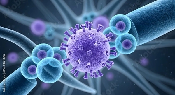 Obraz Microscopic view of virus cell with spikes among cells and tube like structures in blue and purple hues