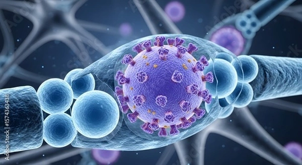 Obraz A microscopic view of a virus particle surrounded by cells and nerve fibers in a blue environment