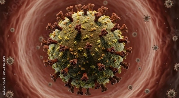 Obraz A detailed microscopic view of a coronavirus particle with its surface proteins and rna strands