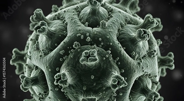 Obraz A detailed close up of a green virus cell with spikes and bumps on a dark blurred background
