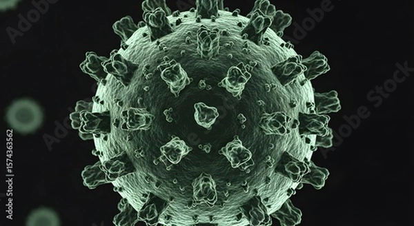 Obraz A detailed microscopic view of a green virus particle against a dark background with visible spikes