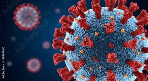 Obraz Close up view of coronavirus virions with red spikes on a blue textured surface in a dark background