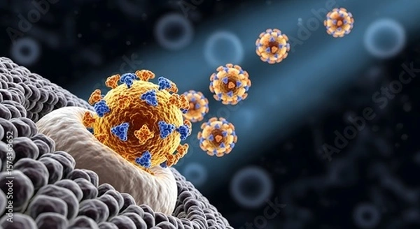 Obraz Microscopic view of virus particles attacking cell with surrounding cells and blue gradient background