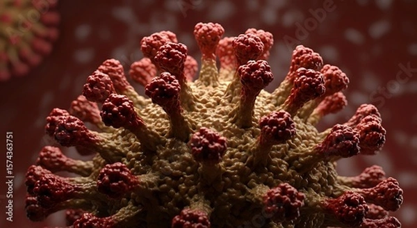 Obraz A detailed close up of a virus cell with red spikes on a beige body against a blurred red background